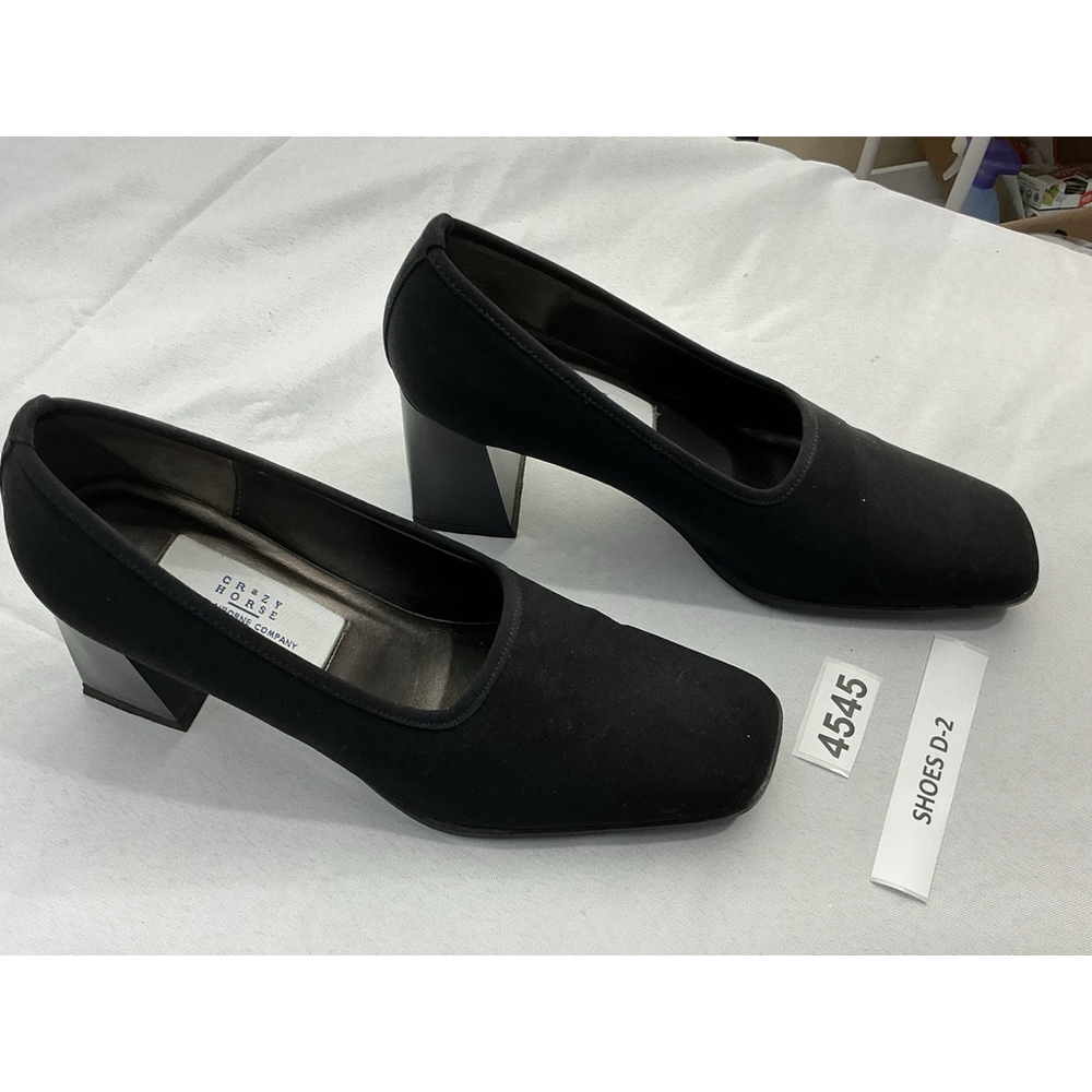 Womans Crazy Horse Slip On Pumps 8 M Black Block Heel Square Toe